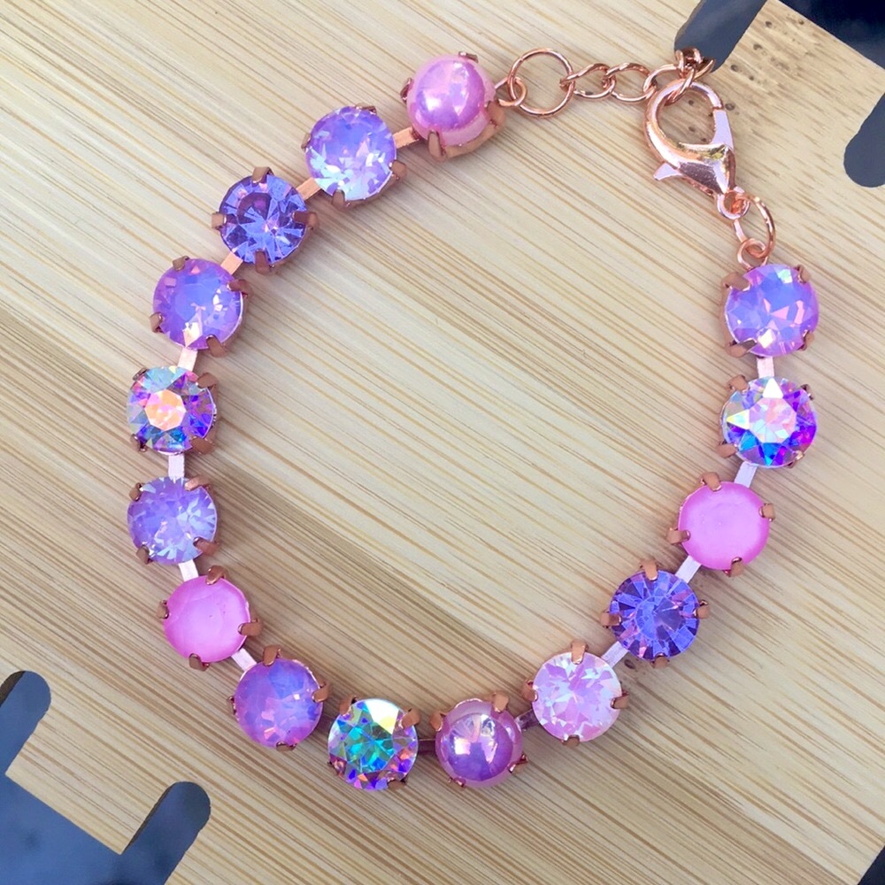 Pink Rose+Purple Amethyst Opal Aurora Borealis Rose Gold Crystal Tennis Bracelet - Picture 7 of 10